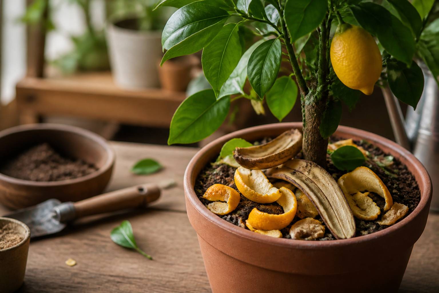 Peaux de banane et zestes d'agrumes en paillage au pied d'un citronnier