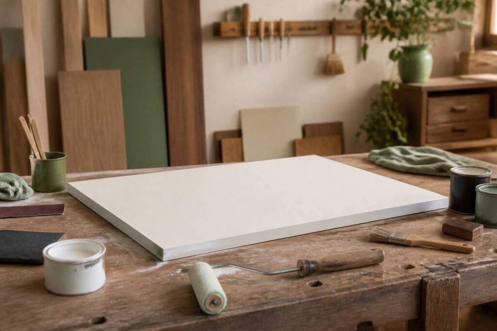 Panneau de MDF peint sur un établi d'atelier avec rouleau laqueur et pots de peinture