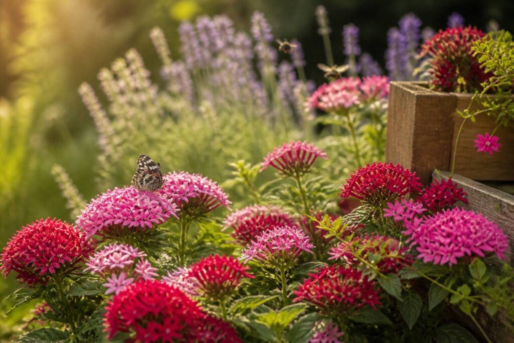 Massif de pentas roses et rouges avec un papillon et des abeilles