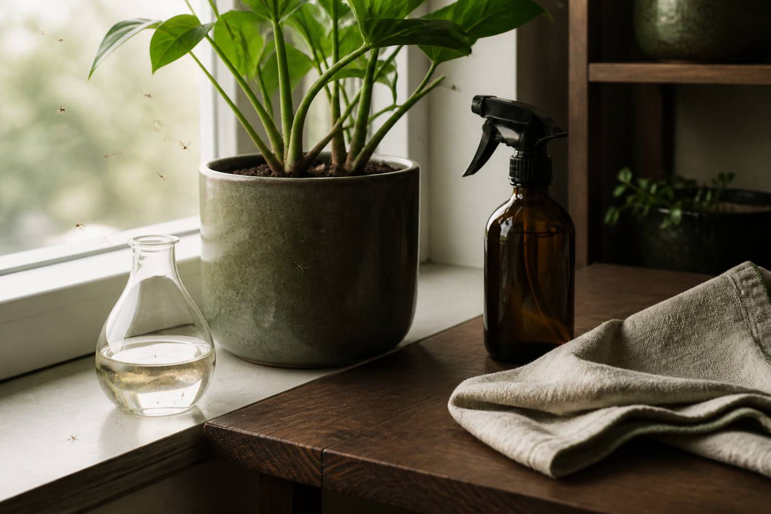 Piège à moucherons en verre posé près d'une plante d'intérieur au terreau