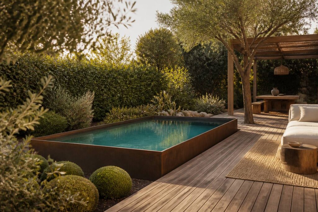 Piscine container en acier corten bordée d'une plage en bois dans un jardin