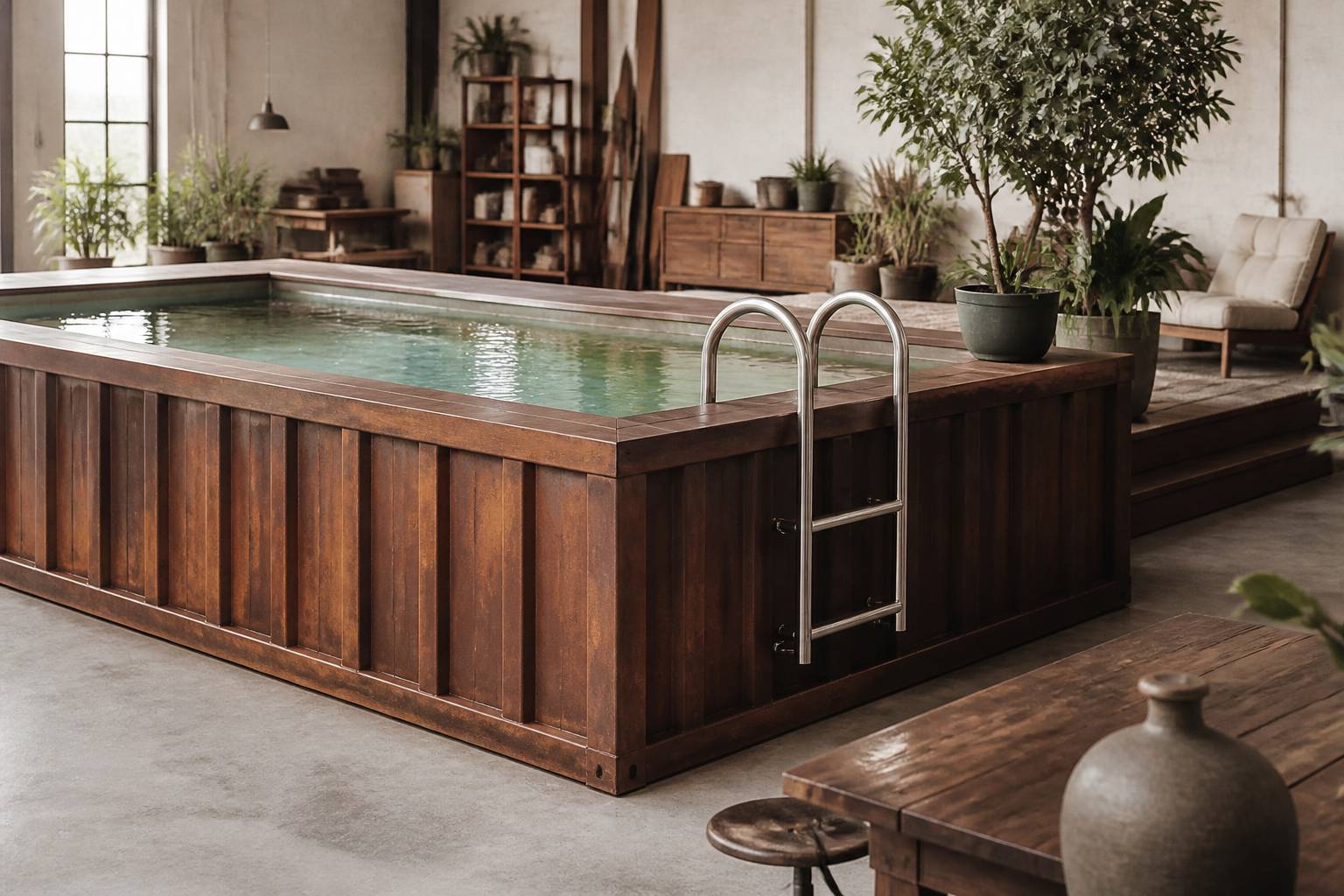 Bardage acier corten et échelle inox d'une piscine container avec margelle bois