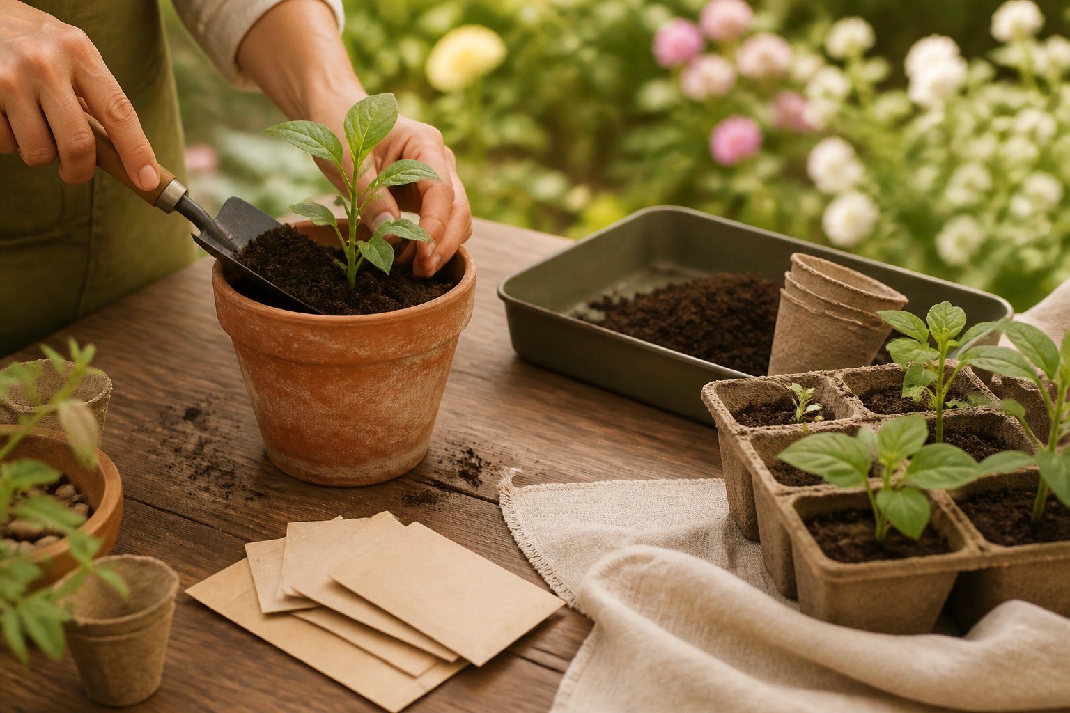 Mains plantant un jeune plant dans un pot en terre cuite recyclé avec une petite pelle