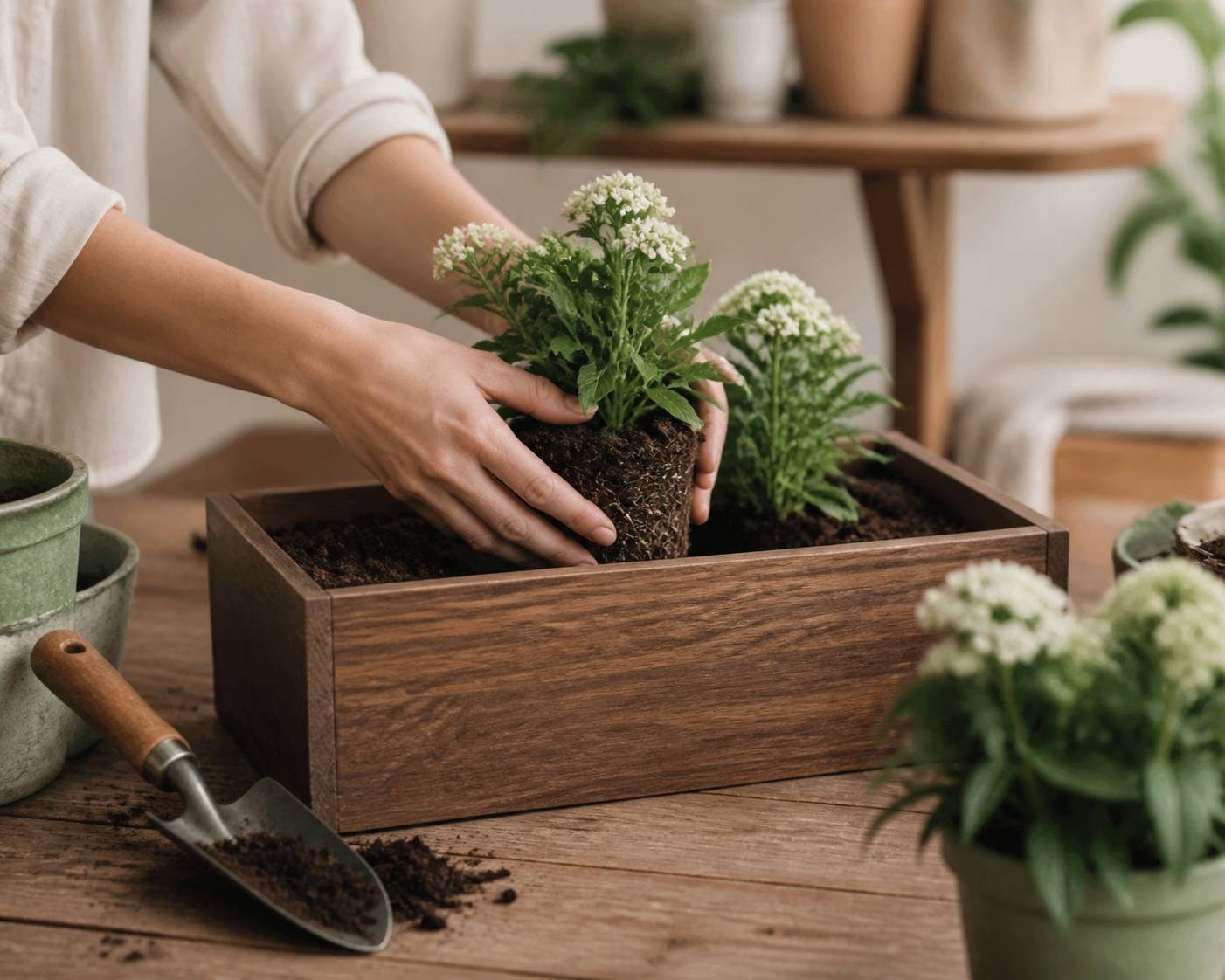 Mains plantant un godet de pentas dans une jardinière en bois