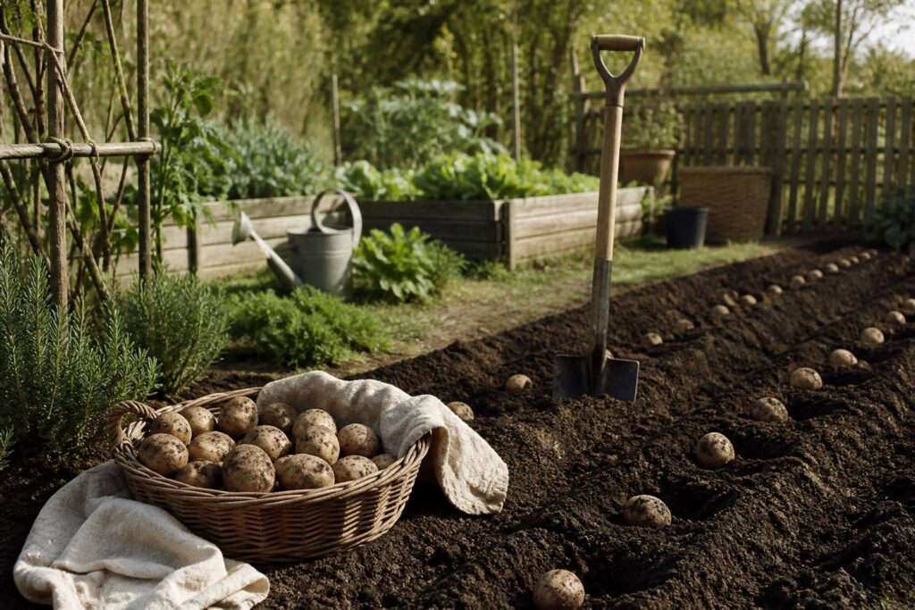 Sillons de plantation avec tubercules et panier