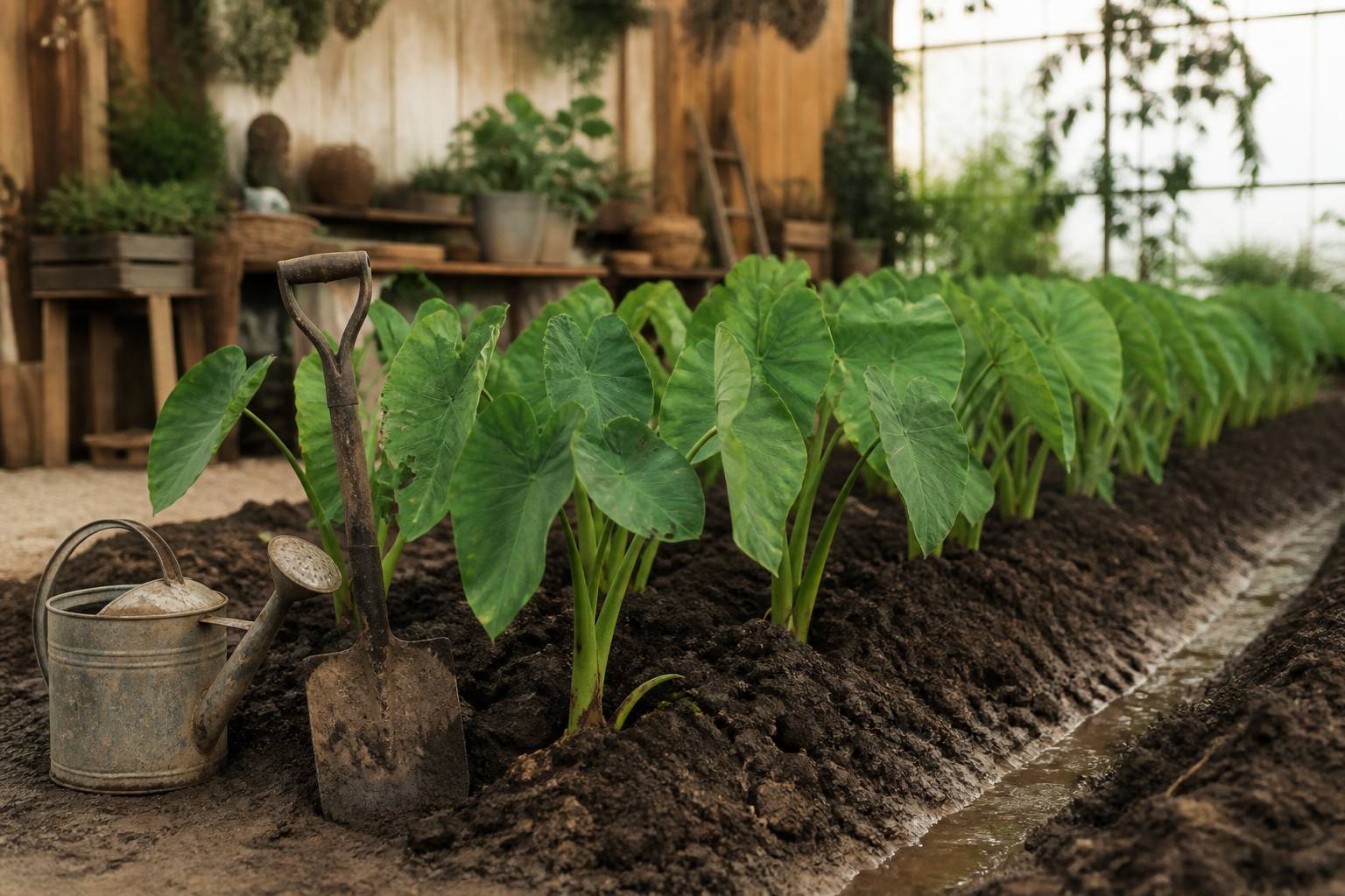 Buttage de plants de taro dans une parcelle de terre humide avec un arrosoir et une bêche