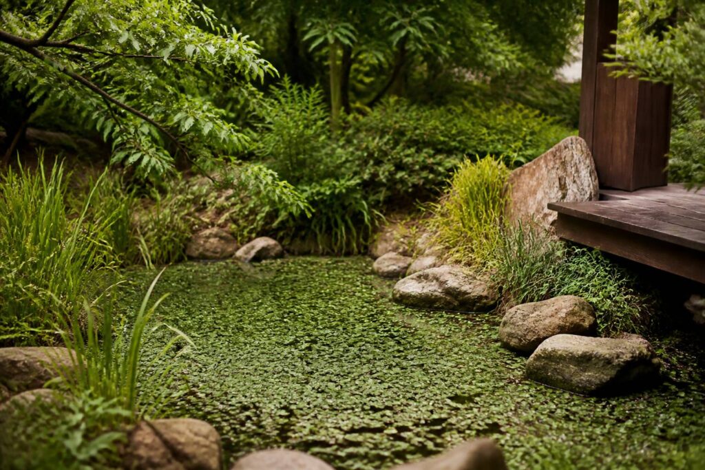 Bassin de jardin envahi par une plante aquatique verte et dense