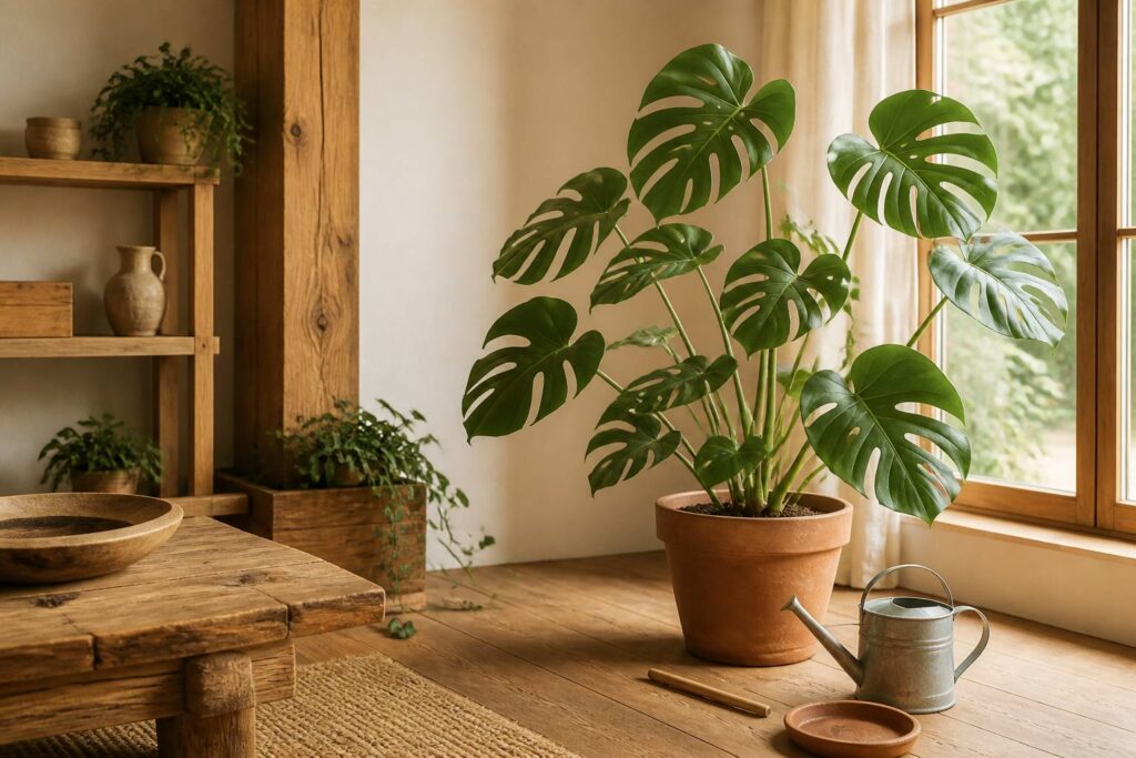 Grande plante d'intérieur en pot avec arrosoir dans un salon lumineux