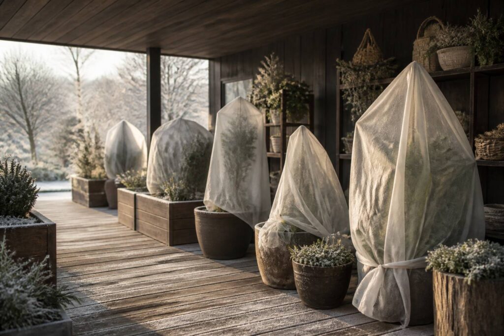 Plantes en pot protégées par un voile d'hivernage lors d'un matin de gel