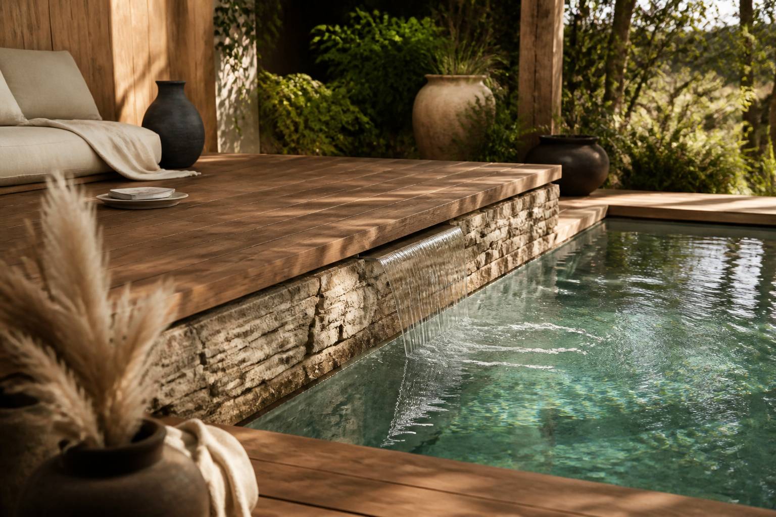 Bord de plunge pool habillé de bois et de pierre avec une eau turquoise