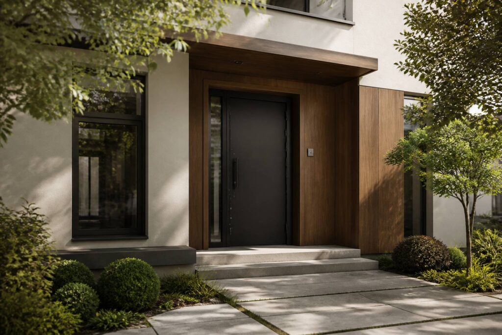 Porte d'entrée en acier renforcé sombre avec serrure multipoints sur une maison