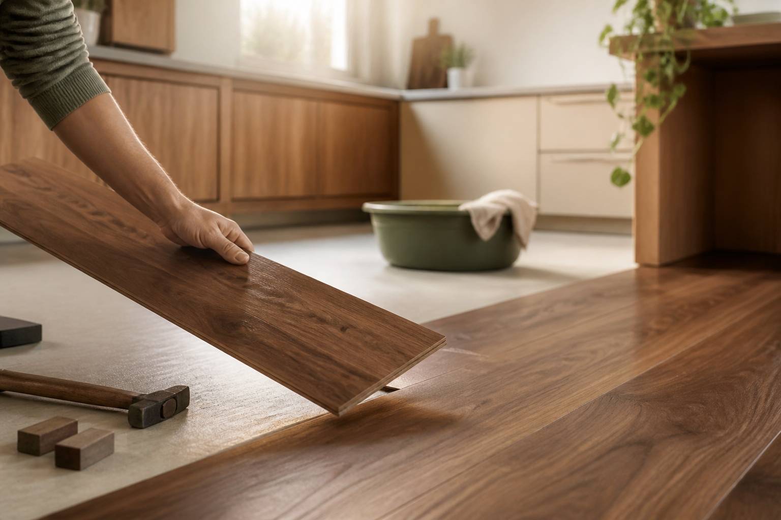Main posant une lame de parquet en bois avec un marteau et des cales