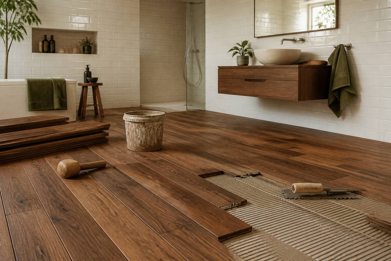 Lames de parquet en teck en cours de pose dans une salle de bain lumineuse