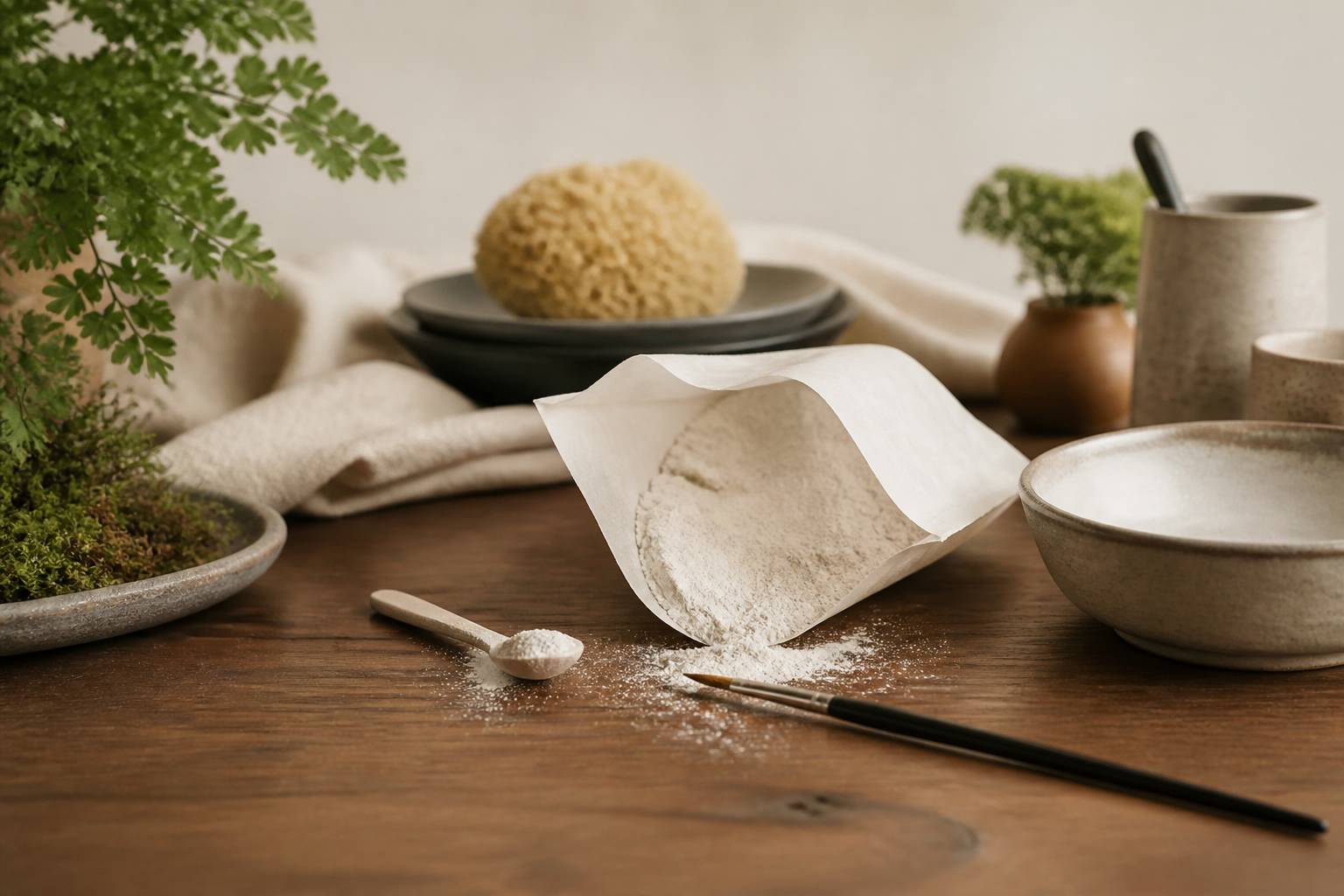 Sachet de poudre blanche avec pinceau sur une table