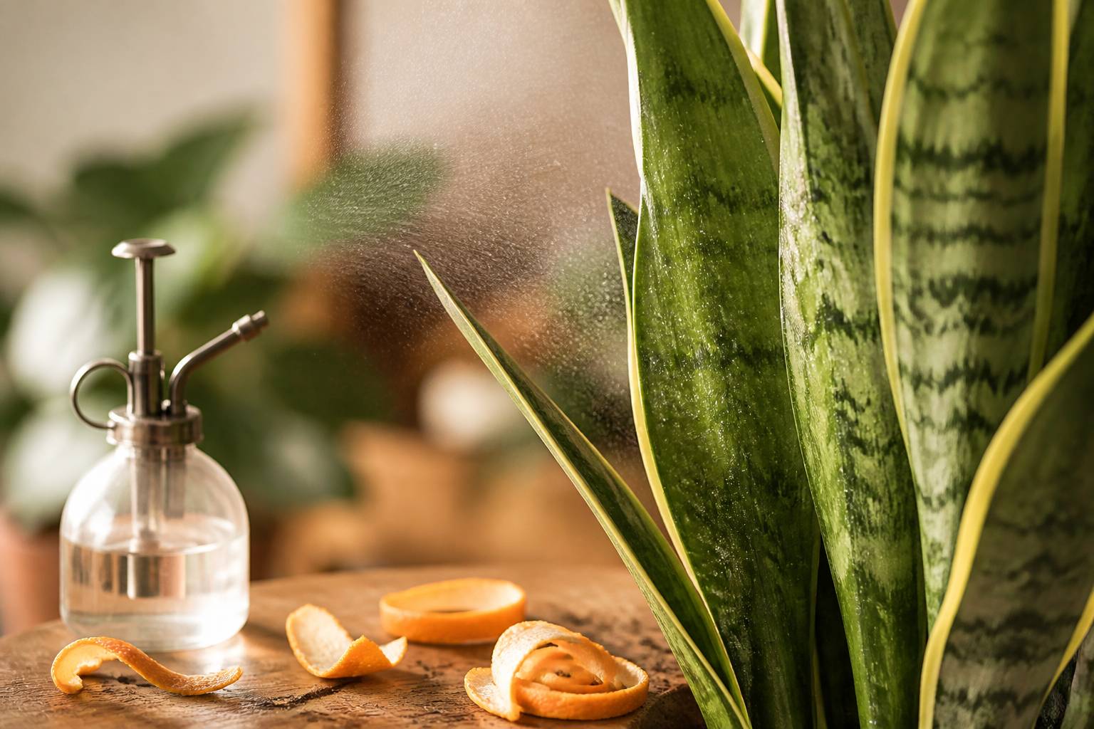 Feuilles de sansevieria avec écorces d'orange et brumisateur en verre