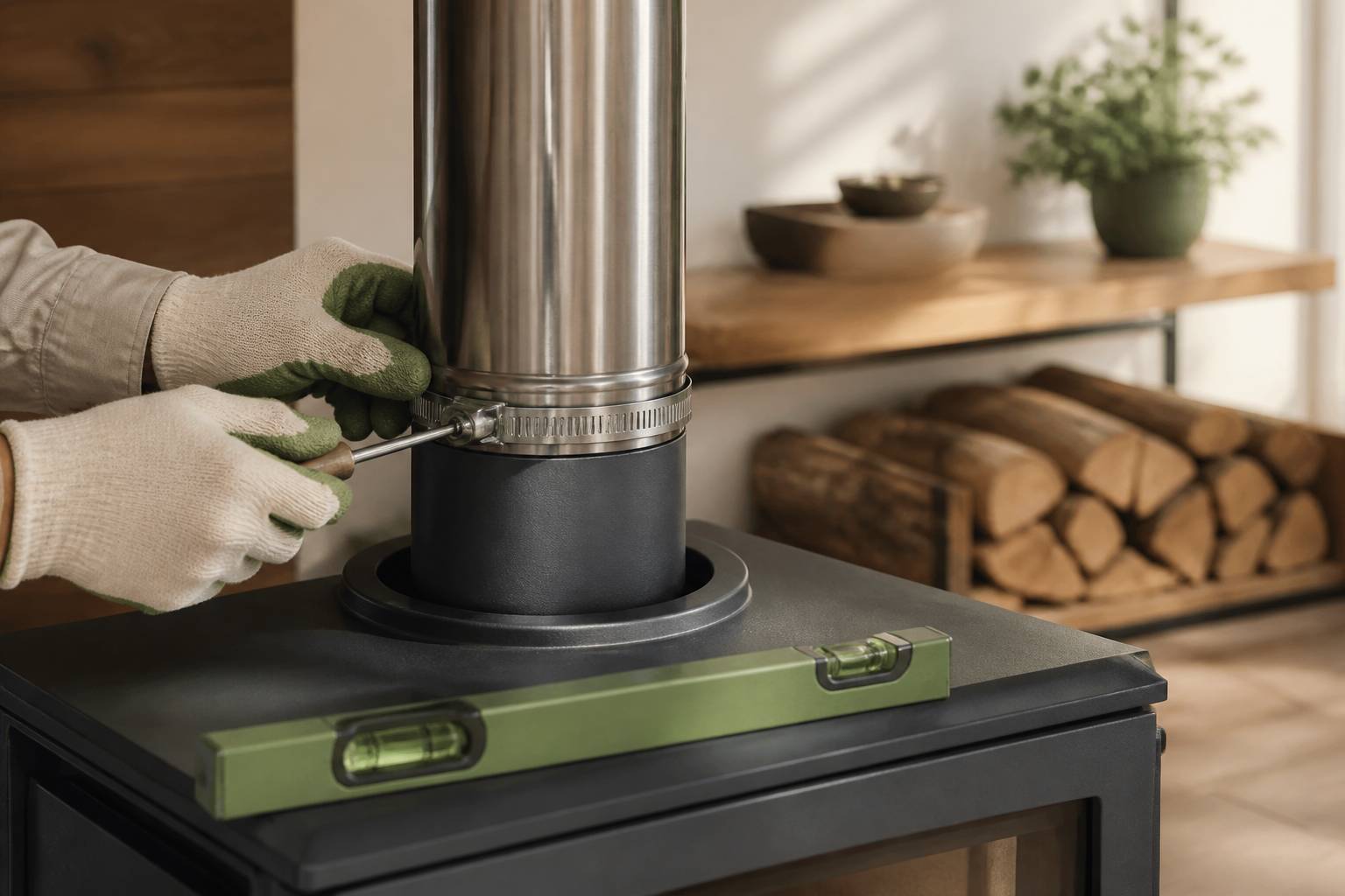 Raccordement du conduit d'un poêle à bois avec tube inox, collier de serrage et niveau à bulle