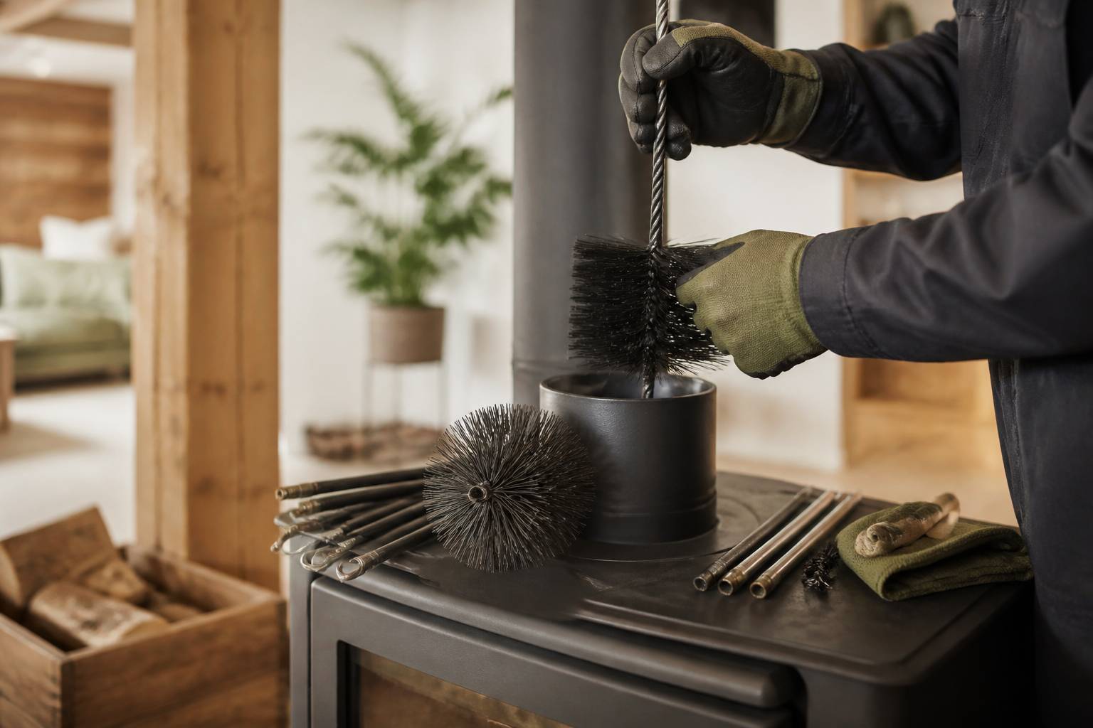Mains gantées d'un ramoneur utilisant une brosse près du conduit d'un poêle