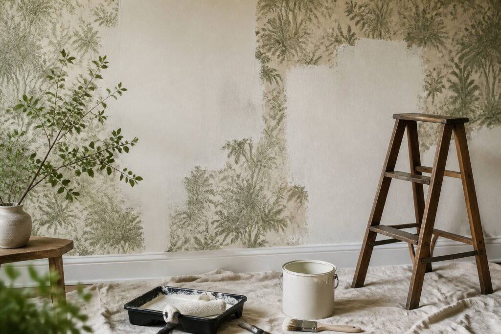 Mur en papier peint partiellement repeint avec rouleau et pot de peinture