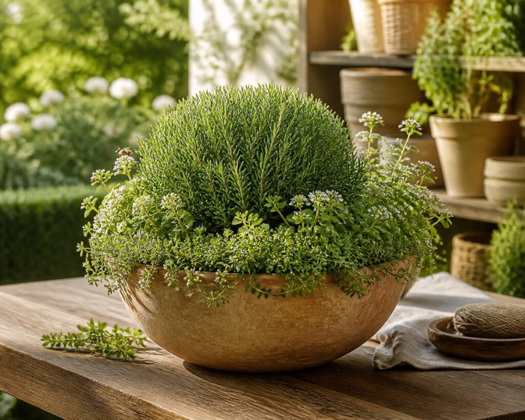 Pot d'aromatiques avec romarin et marjolaine en fleurs visité par une abeille