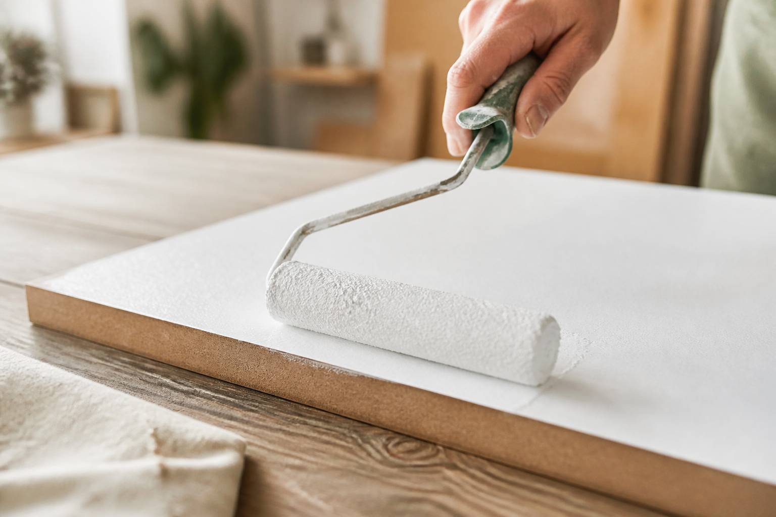 Main d'artisan appliquant une couche de peinture au rouleau sur un panneau de MDF