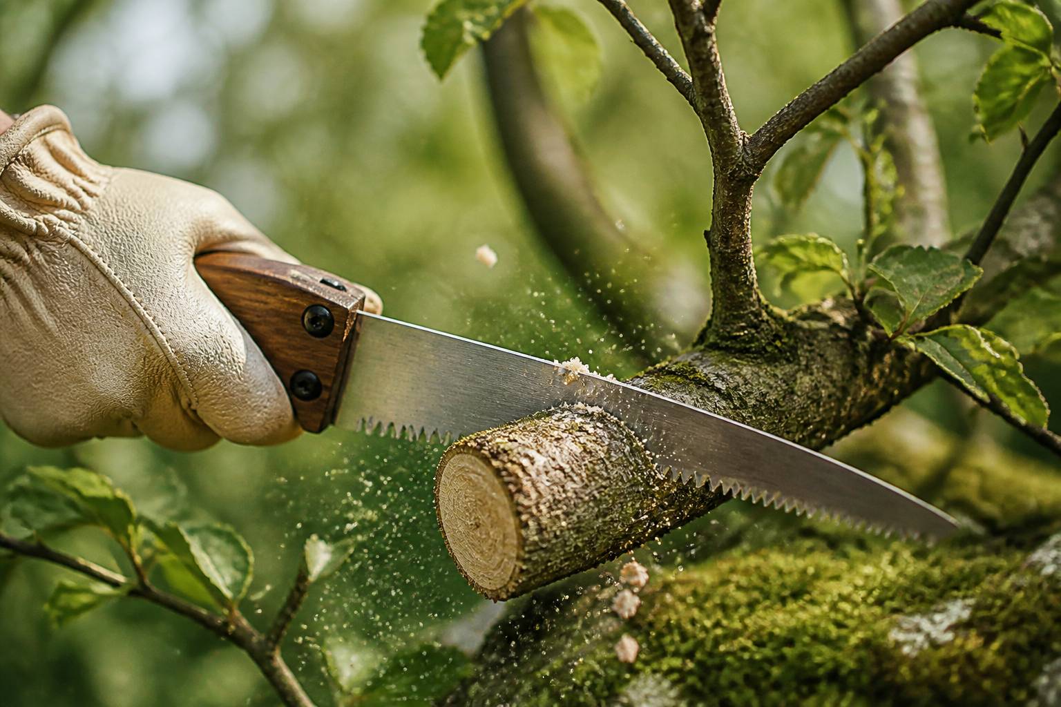 Main gantée coupant une branche avec une scie d'élagage