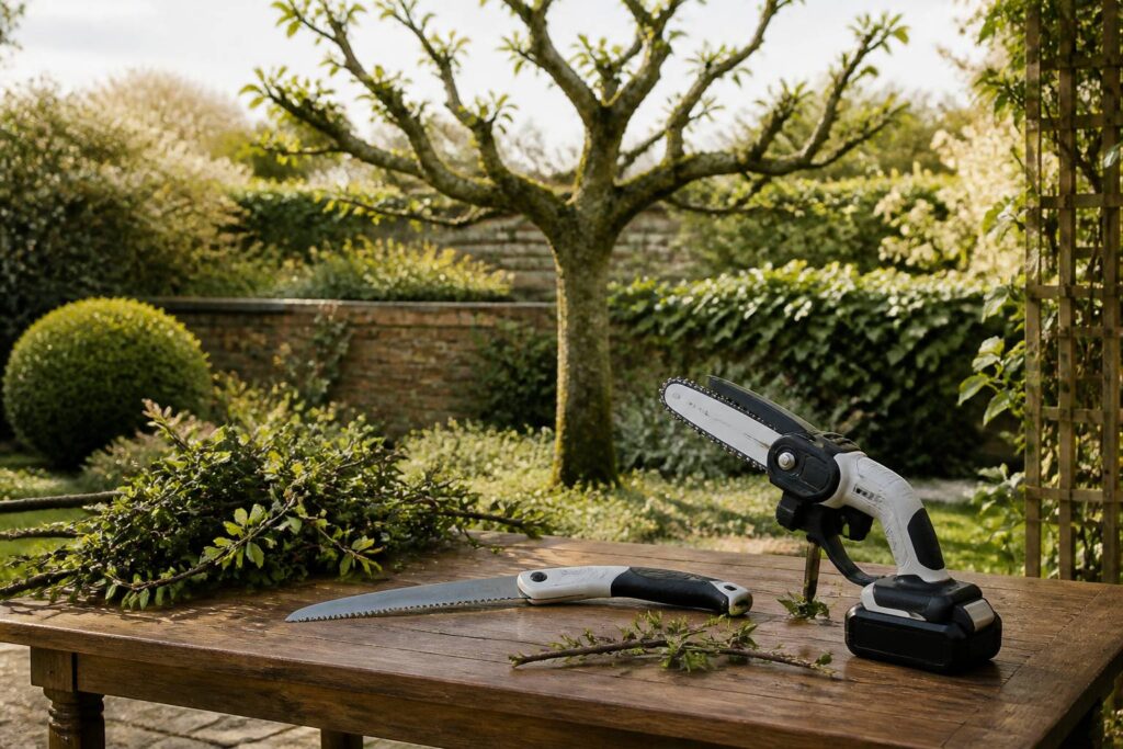 Scie pliante et mini-élagueuse posées près d'un arbre taillé