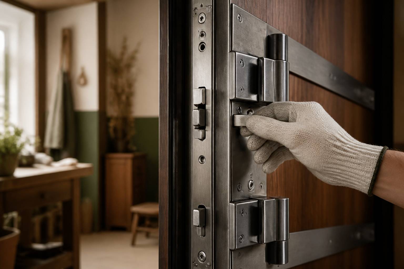 Serrure multipoints et plaques de renfort d'une porte anti-squat en acier