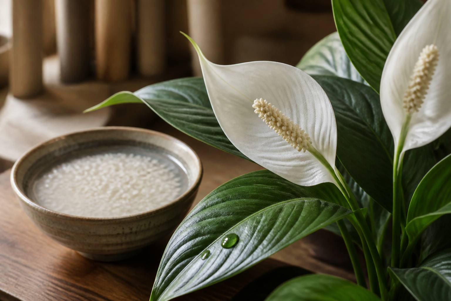 Spathe blanche de lys de la paix courbée au-dessus des feuilles vertes avec une goutte d'eau