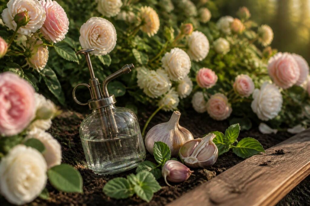 Massif de roses avec vaporisateur et gousses d'ail au pied