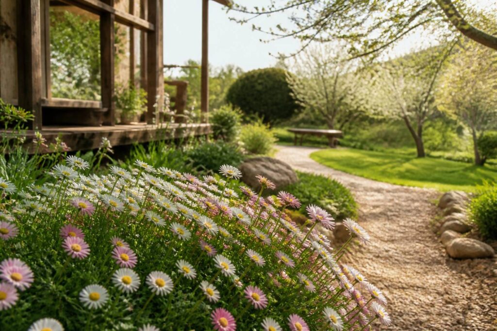 Tapis de pâquerettes vivaces roses et blanches en fleur dans un jardin au printemps