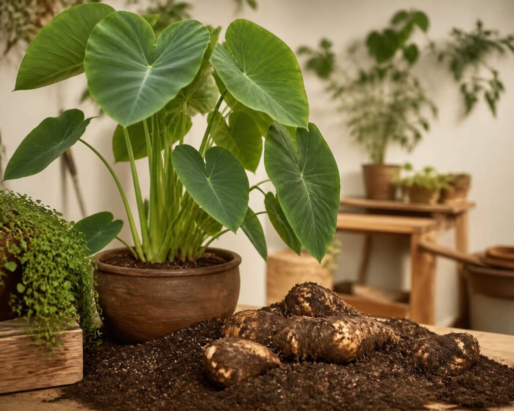 Pied de taro aux grandes feuilles vertes avec des tubercules fraîchement récoltés dans un jardin