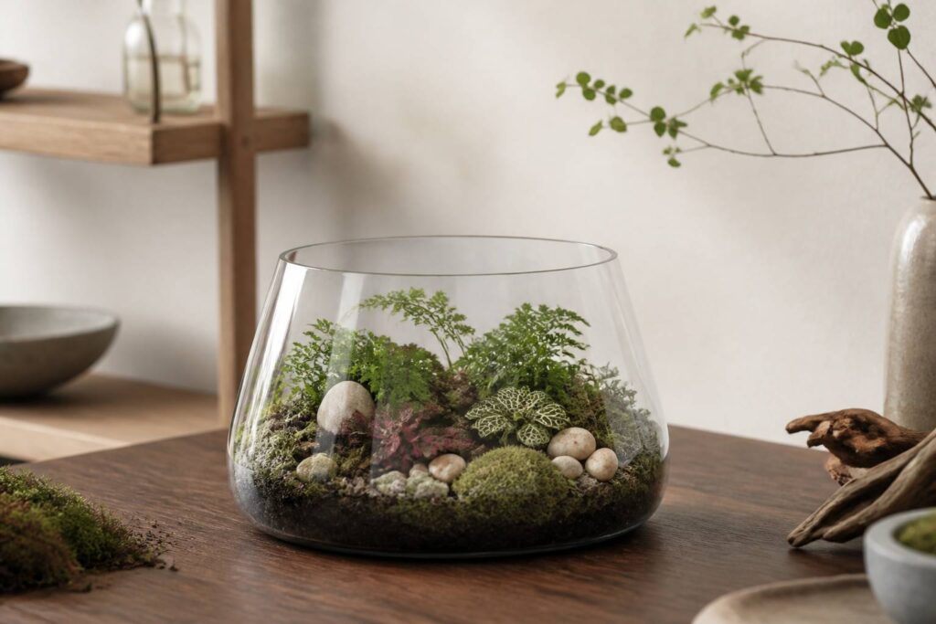 Terrarium en verre avec mousses, fittonias et fougères naines sur une table en bois