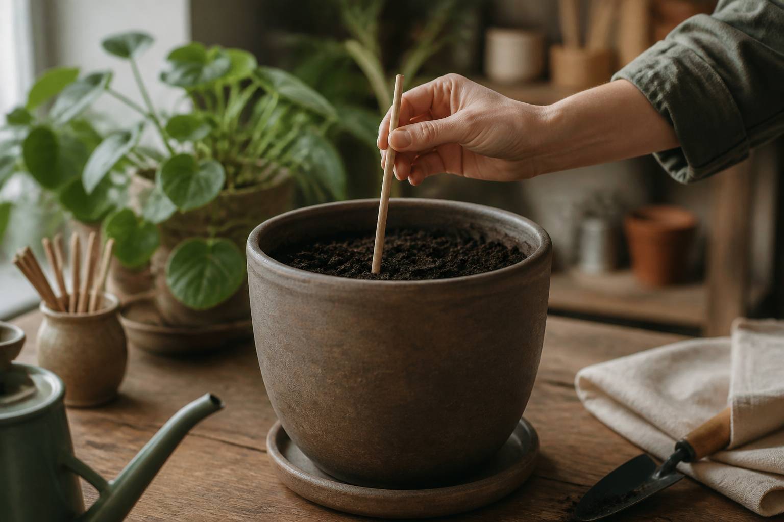 Bâtonnet en bois planté dans le terreau pour vérifier l'humidité