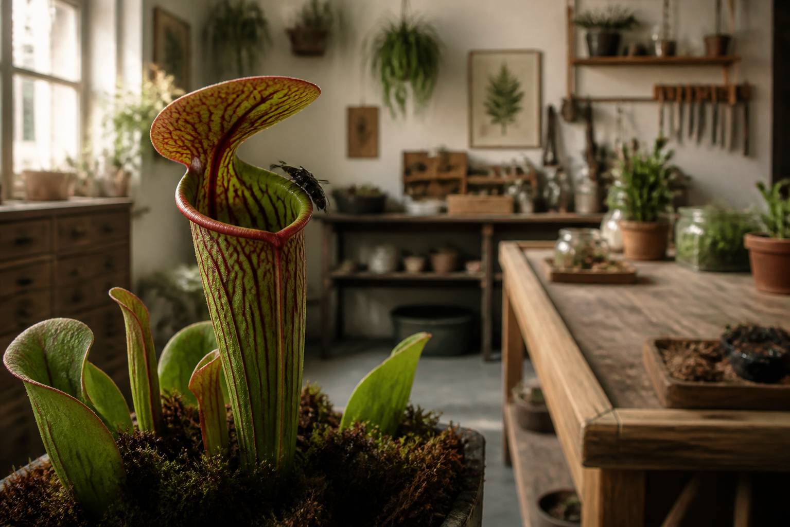 Urne d'une plante carnivore avec un insecte au bord