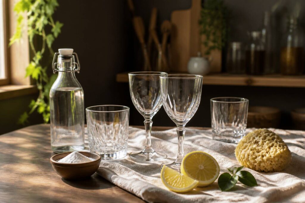 Verres en cristal étincelants avec vinaigre blanc et bicarbonate