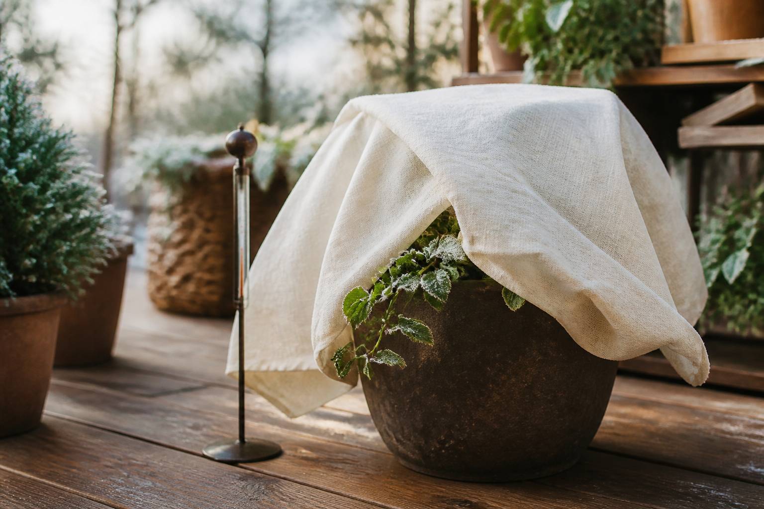 Voile d'hivernage sur un pot avec du givre et un thermomètre de jardin