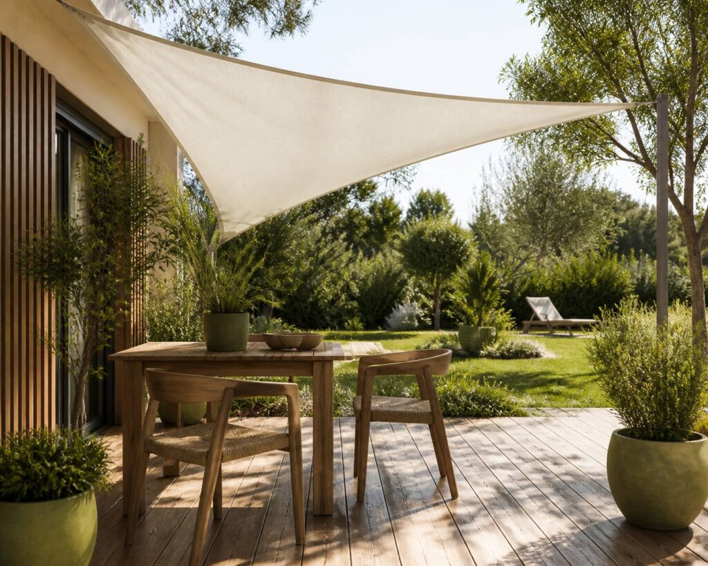 Voile d'ombrage triangulaire tendue au-dessus d'une terrasse de jardin