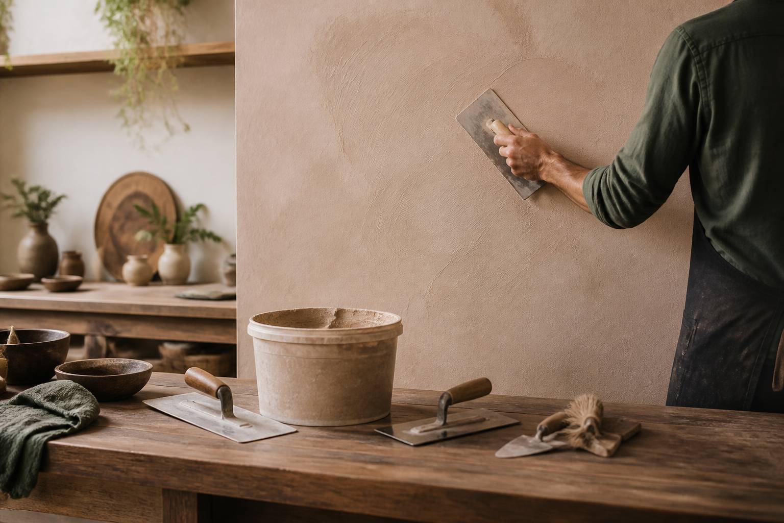 Application d'enduit chukum sur un mur à la taloche avec seau et outils à proximité