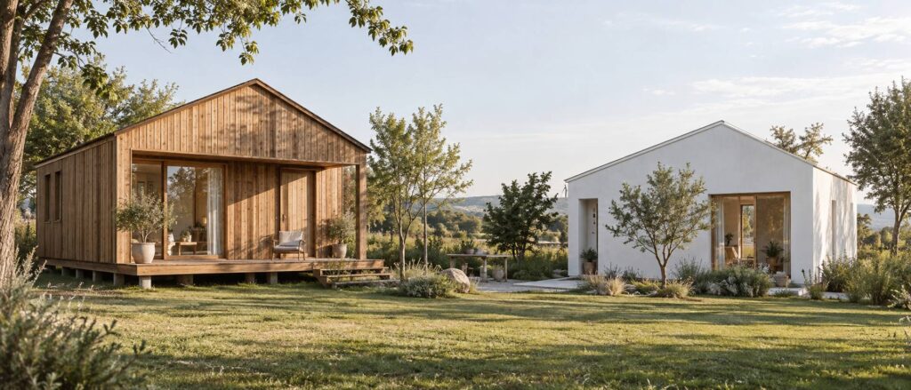 Deux constructions legeres generiques posees sur un terrain ensoleille