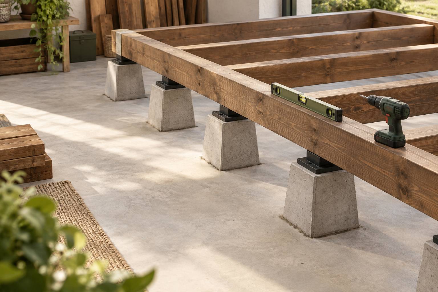 Dalle beton avec plots de fondation alignes et madrier en bois