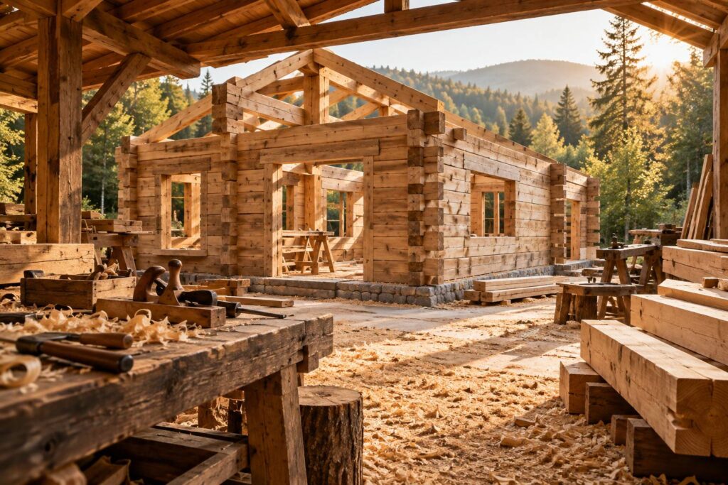 Chalet en bois en construction avec ossature de madriers et poutres apparentes