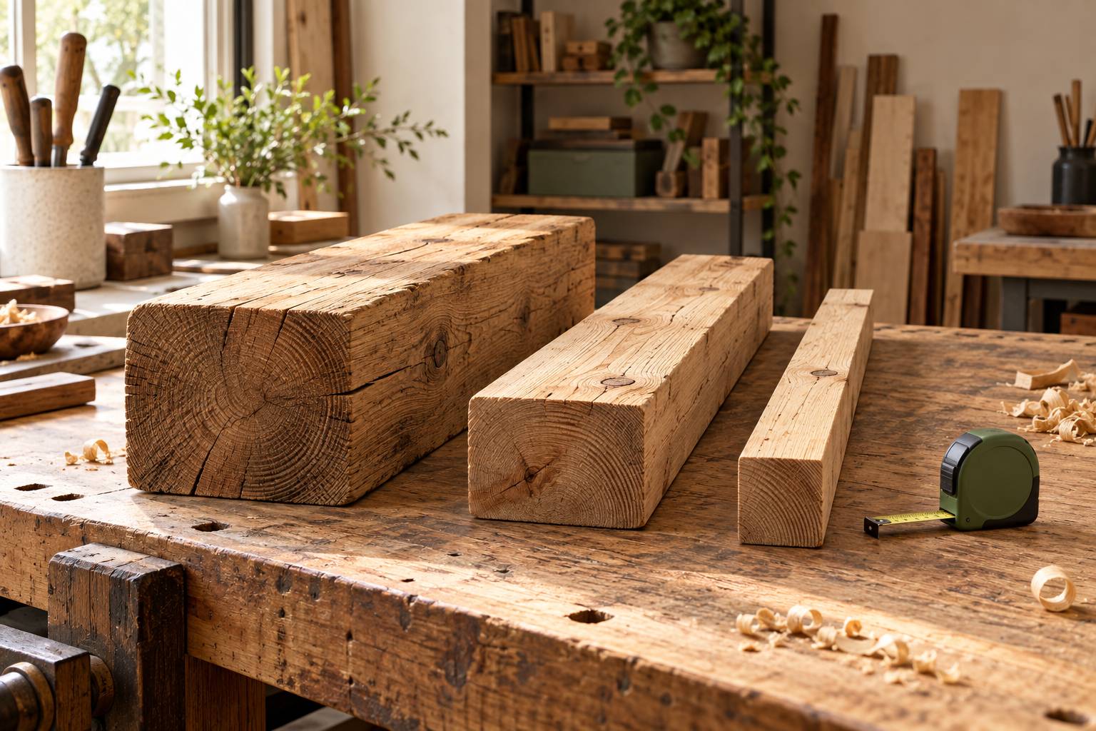 Trois sections de madriers d'epaisseurs differentes sur un etabli en bois