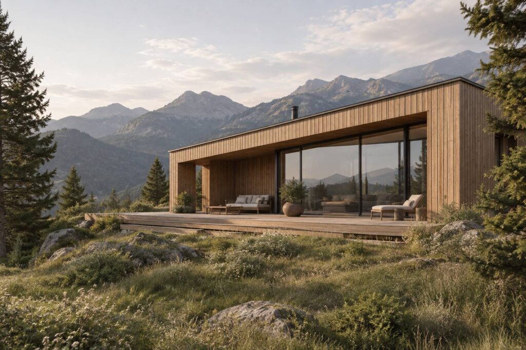Chalet contemporain en bois clair avec terrasse dans un paysage de montagne