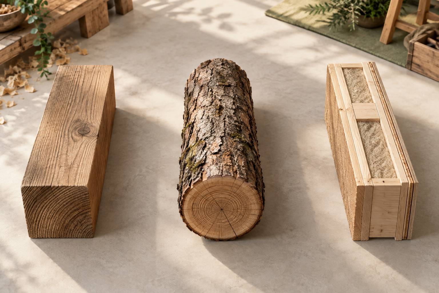 Trois echantillons de bois de construction poses cote a cote