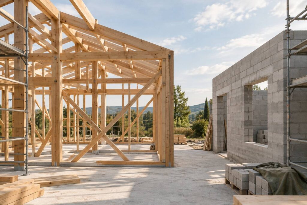 Chantier comparant une ossature bois et un mur de maçonnerie en parpaings