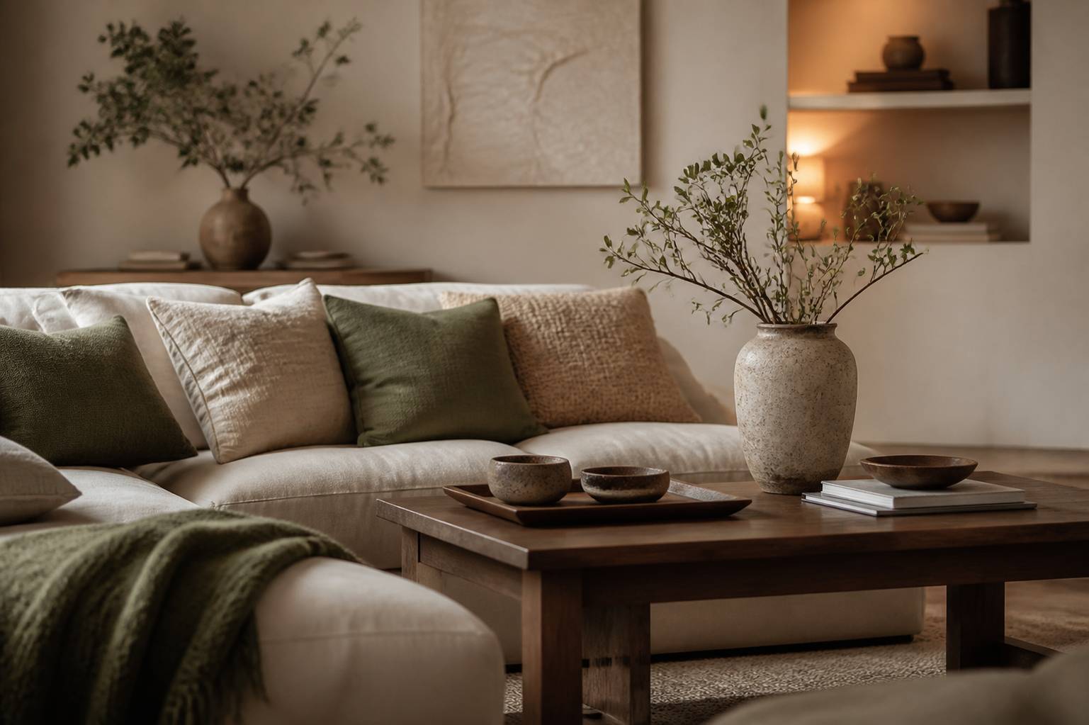Coin salon cosy avec table basse en bois et plaids en matières naturelles