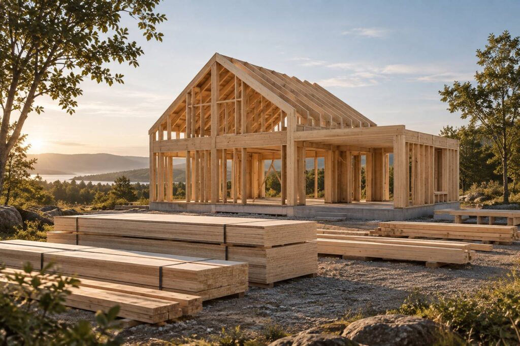 Maison a ossature bois en montage avec panneaux de bois clair empiles