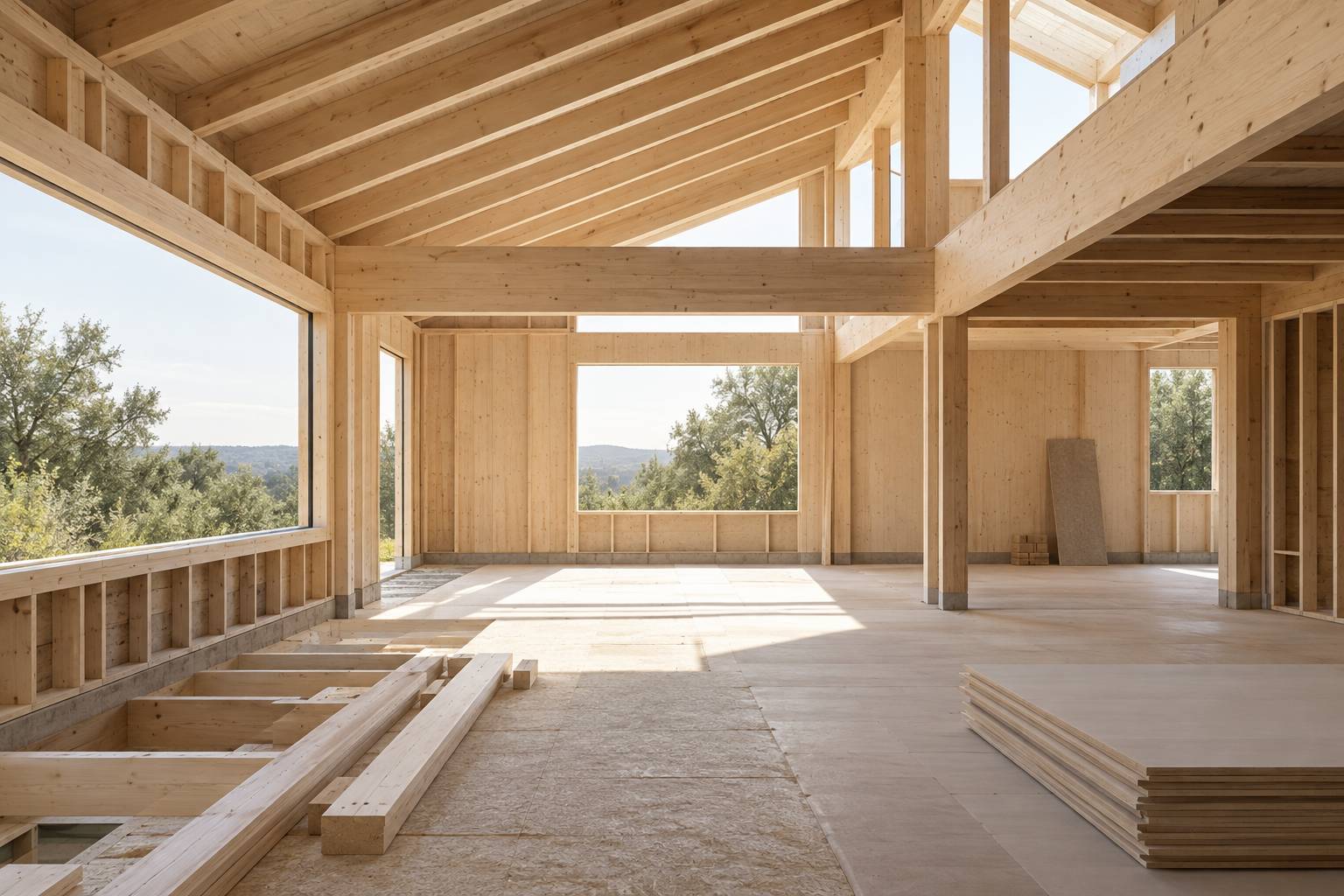 Interieur d'une maison en kit bois en assemblage avec poutres apparentes