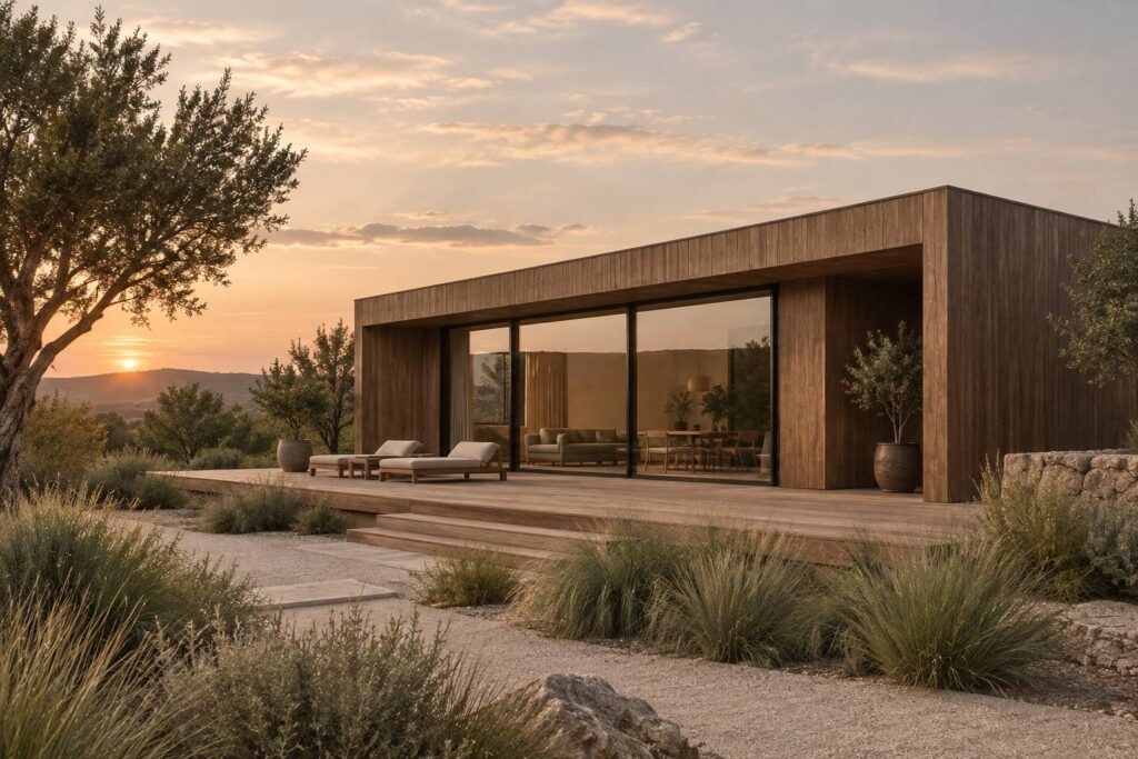 Maison modulaire en bois clair avec grande baie vitree et terrasse
