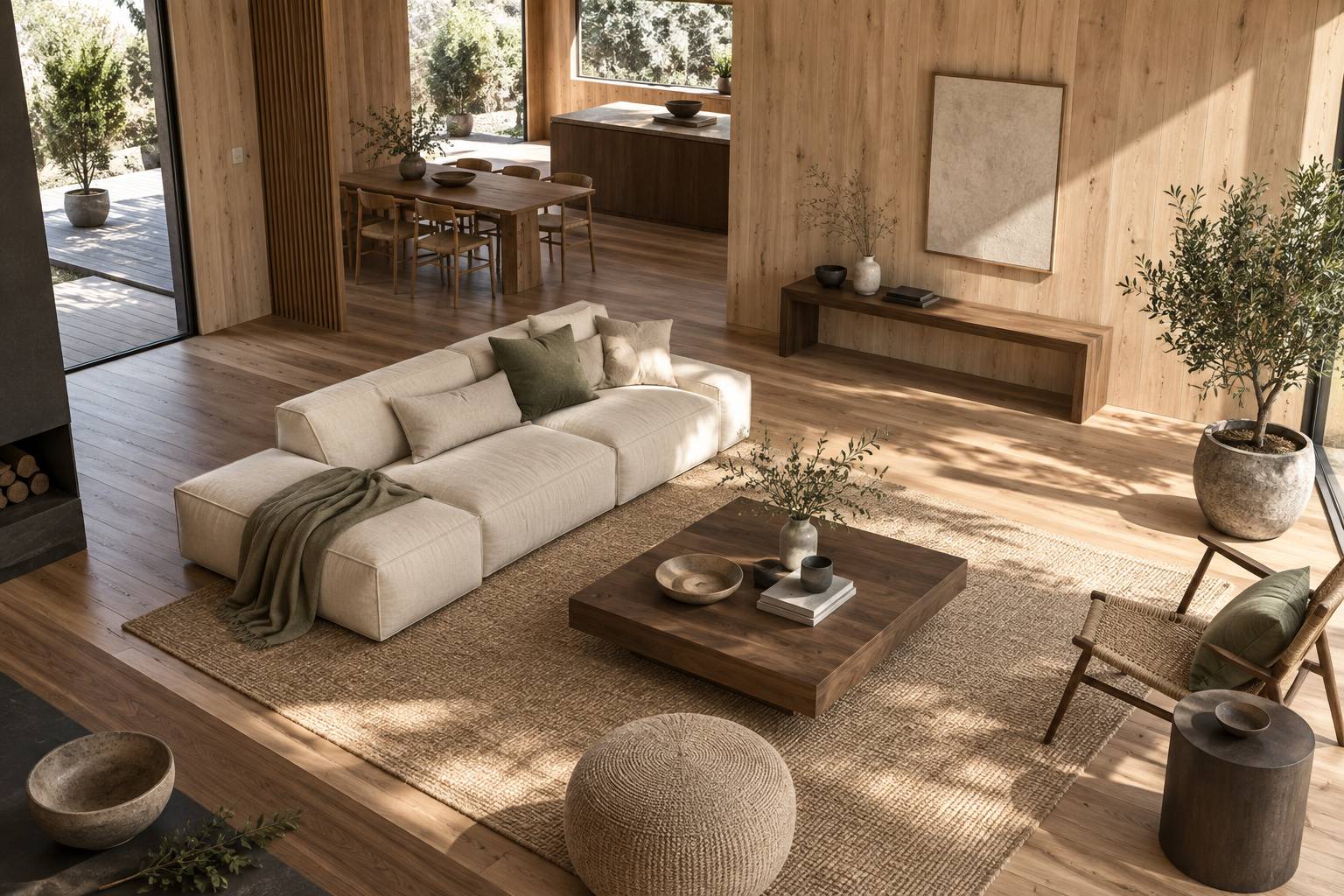 Interieur lumineux d'une maison modulaire avec murs en bois et canape en lin